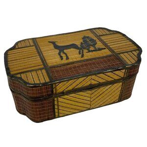 Bamboo Wooden Trinket Stash Box Deer Trees Silhouette Natural Boho Wood Vtg 70s
